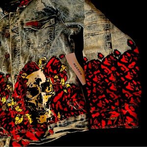 Reason skull denim floral skull print jacket Halloween trippy